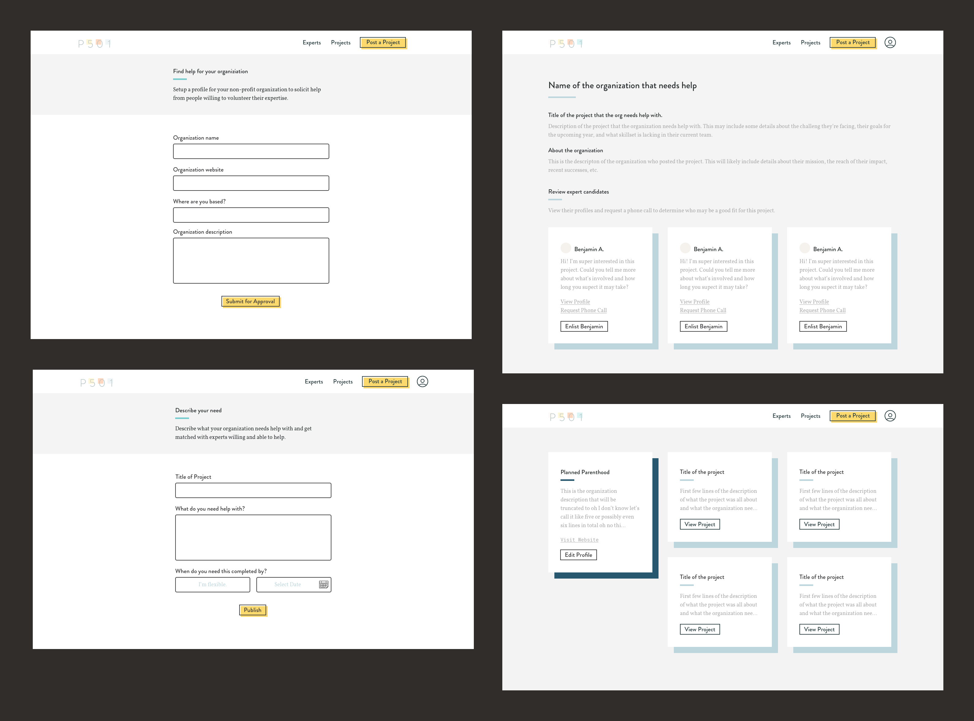 The simple design style intended to lower the perceived barrier to volunteering. Shown here are several views from the organization's perspective.