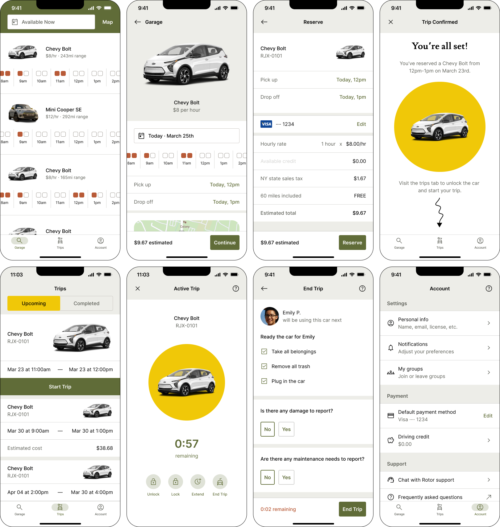 Core of the driver app where the driver may reserve and use vehicles.