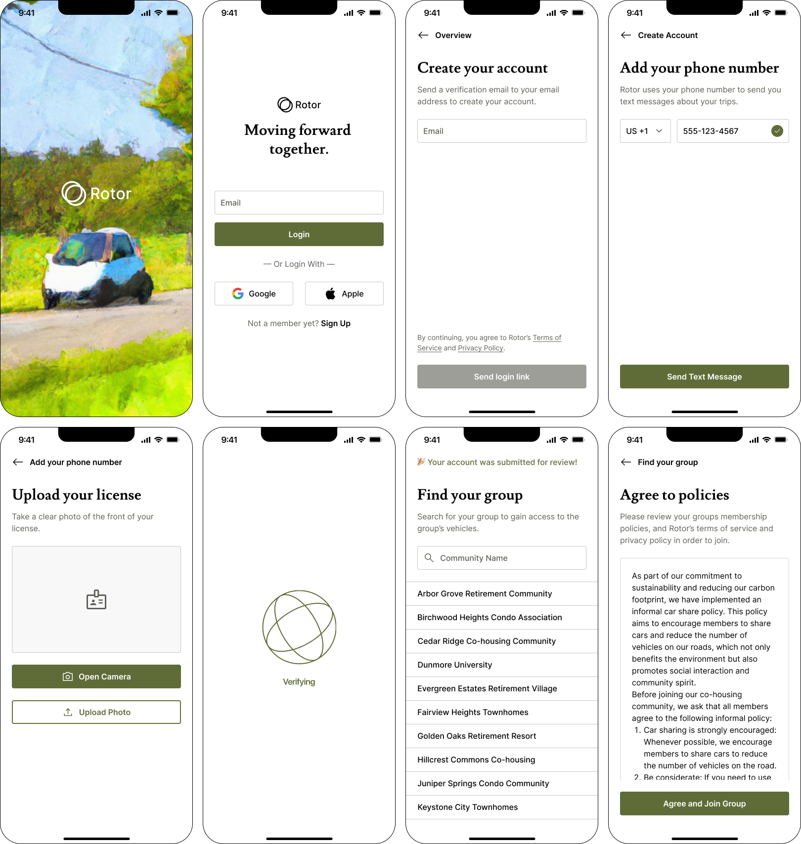 Onboarding flow to sign up a driver and admit them into a car sharing community.