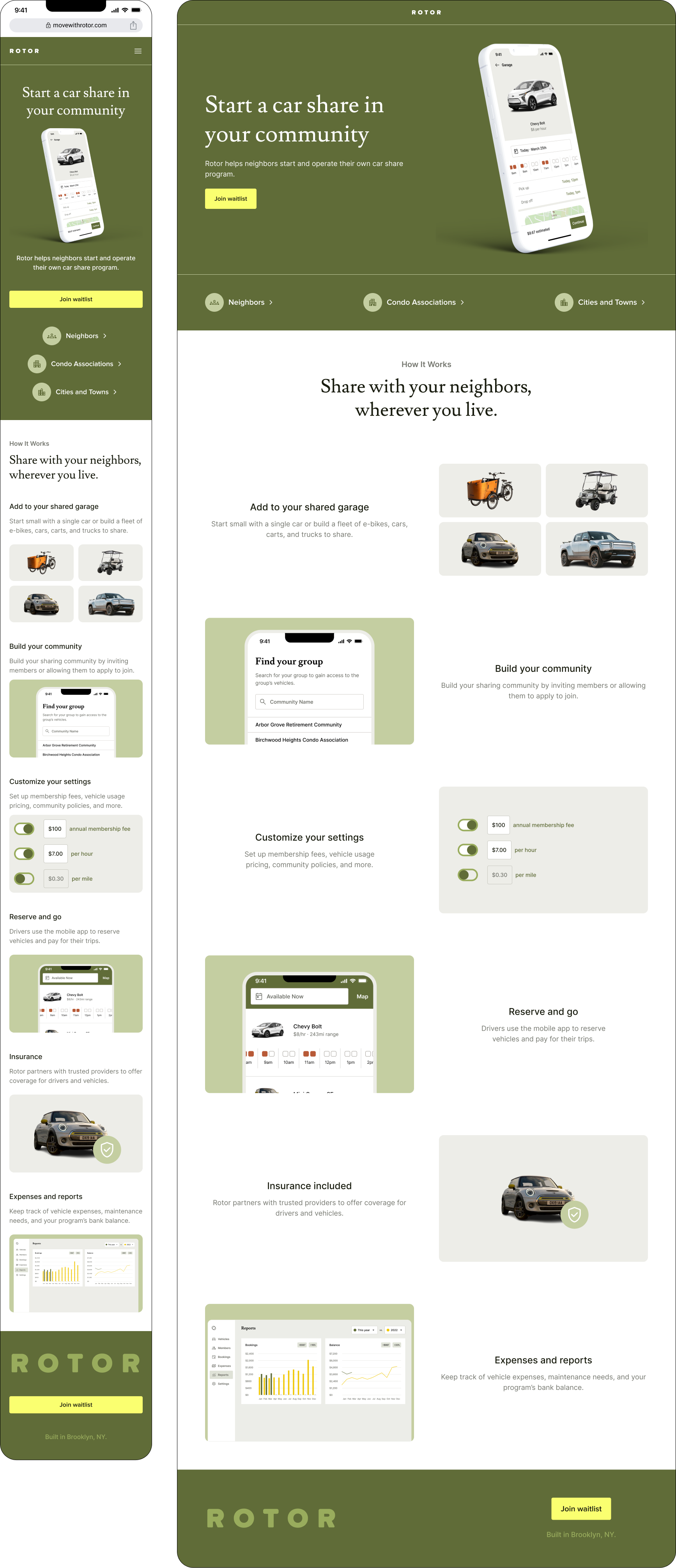 A landing page for an all-electric car-sharing concept for small, rural communities.